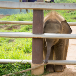 Baby elephant hiding behind the pole near farm
